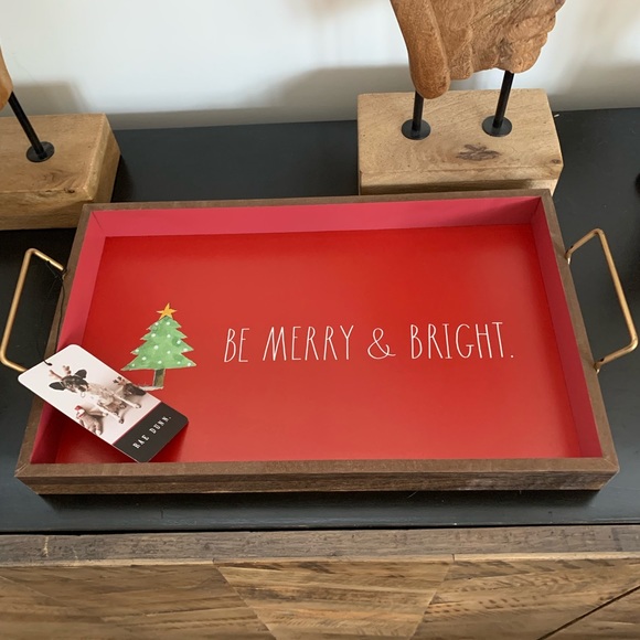 Rae Dunn BE MERRY & BRIGHT wood tray with gold handles